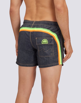 TRAJE DE BAÑO CORTO ICONIC DE TAFETÁN CON CINTURA ELÁSTICA GOLDENWAVE ESTAMPADO DÉNIM