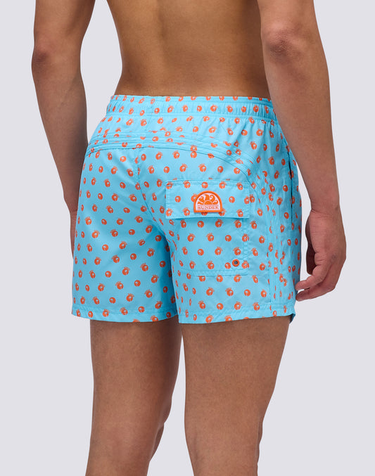 REPREVE® ELASTICATED WAIST SHORT SWIMSHORTS WITH PALM POIS MINI PRINT