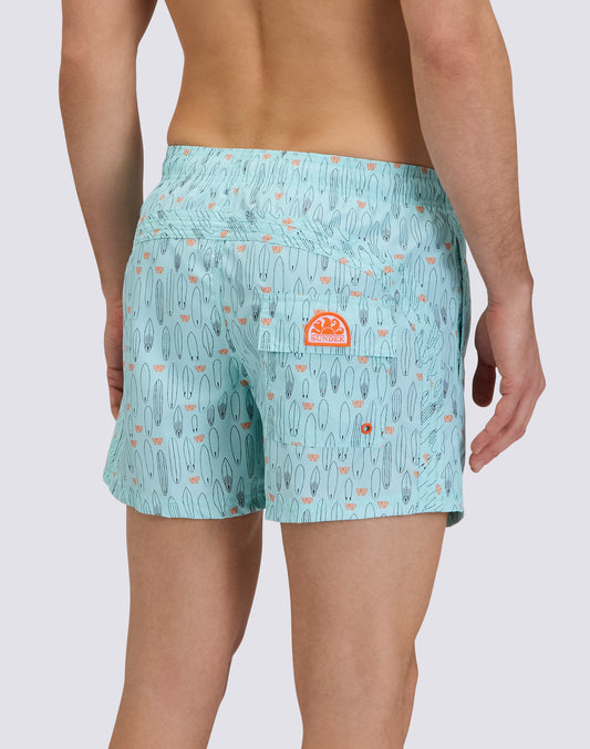 REPREVE® ELASTICATED WAIST SHORT SWIMSHORTS WITH SURF PRINT