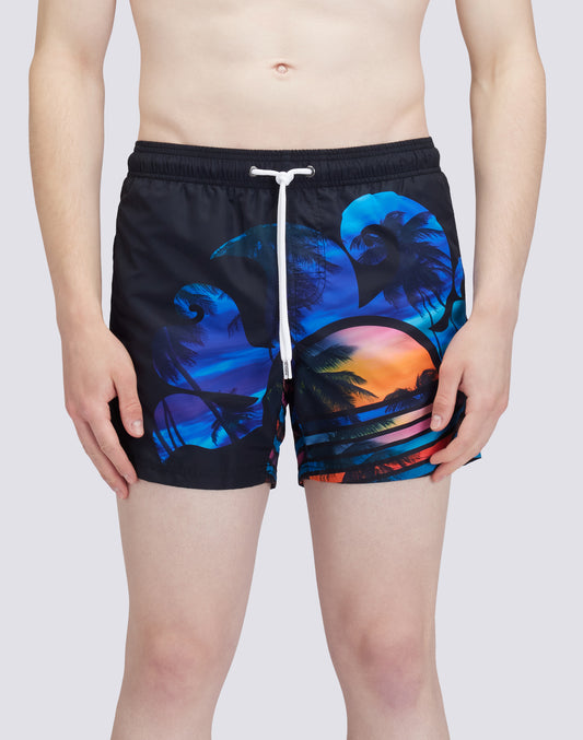 RECYCLED POLY SHORT SWIMSHORTS WITH ELASTIC WAIST BIG PALM PRINT