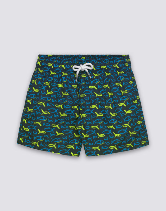 SHORT SWIMSHORTS WITH ELASTIC WAIST AND RECYCLED POLY ESTER FISHAZ PRINT