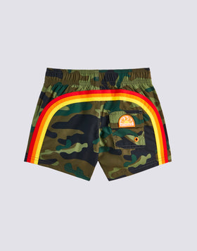 COSTUME DA BAGNO BAMBINO CORTO VITA ELASTICATA STAMPA CAMOU E ARCOBALENO
