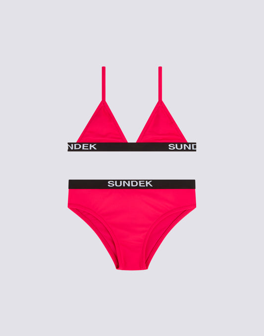 BIKINI DE NIÑA CON TOP TRIANGULAR Y BAÑADOR FIJO CON ELÁSTICO LOGO