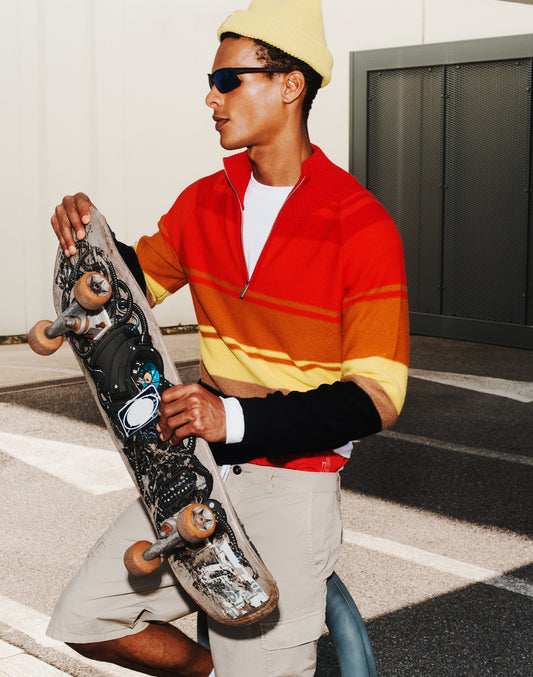 PULL HOMME À COL MONTANT AVEC FERMETURE ÉCLAIR 3/4 ET RAYURES HÉRITAGE