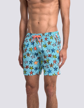 MAILLOT DE BAIN MI-LONG POUR HOMME AVEC TAILLE ÉLASTIQUÉE ET IMPRIMÉ ÉTOILES JOYEUSES EN POLYESTER RECYCLÉ REPREVE®