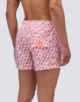 REPREVE® ELASTICATED WAIST SHORT SWIMSHORTS WITH BEACH SET PRINT