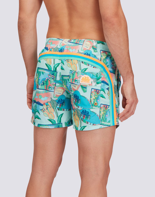 REPREVE® ELASTICATED WAIST SHORT SWIMSHORTS WITH GREETINGS FROM MEXICO PRINT
