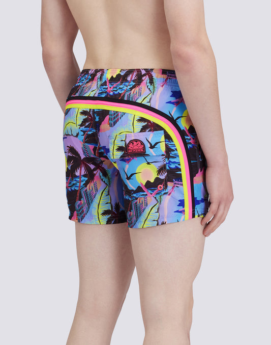 REPREVE® RECYCLED POLYESTER ELASTICATED WAIST SHORT SWIMSHORTS WITH HAWAIIAN POP PRINT