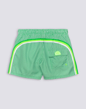 MAILLOT DE BAIN COURT À TAILLE ÉLASTIQUE EN POLYESTER RECYCLÉ REPREVE® AVEC IMPRIMÉ À RAYURES JUICY ET BRODERIE FRUITS