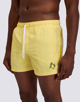 BAÑADOR CORTO DE CINTURA ELÁSTICA DE POLIÉSTER RECICLADO REPREVE® CON ESTAMPADO DE RAYAS JUICY Y BORDADO DE FRUTAS