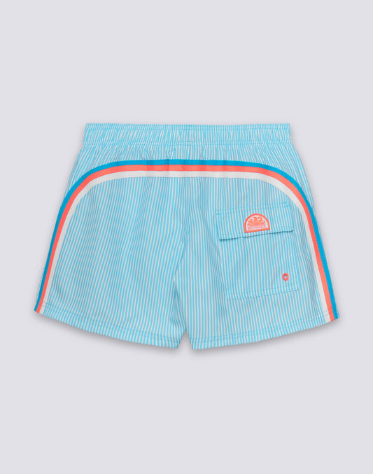 MAILLOT DE BAIN COURT À TAILLE ÉLASTIQUE EN POLYESTER RECYCLÉ REPREVE® AVEC IMPRIMÉ À RAYURES JUICY ET BRODERIE FRUITS