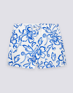 MAILLOT DE BAIN COURT POUR HOMME AVEC TAILLE ÉLASTIQUE ET IMPRIMÉ HIBISCUS D'ARCHIVES SK23
