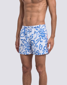 MAILLOT DE BAIN COURT POUR HOMME AVEC TAILLE ÉLASTIQUE ET IMPRIMÉ HIBISCUS D'ARCHIVES SK23