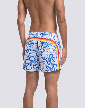 MAILLOT DE BAIN COURT POUR HOMME AVEC TAILLE ÉLASTIQUE ET IMPRIMÉ HIBISCUS D'ARCHIVES SK23