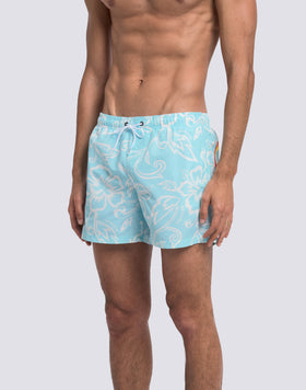 MAILLOT DE BAIN COURT POUR HOMME AVEC TAILLE ÉLASTIQUE ET IMPRIMÉ HIBISCUS D'ARCHIVES SK23
