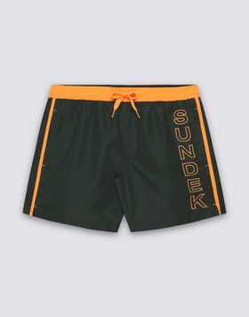 MAILLOT DE BAIN COURT À TAILLE ÉLASTIQUE ICONIC EN TAFFETAN AVEC PIPING CONTRASTÉ