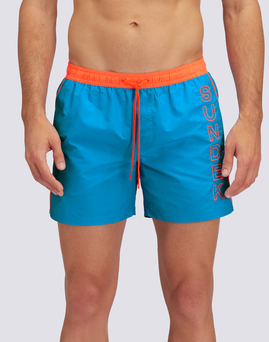 MAILLOT DE BAIN COURT À TAILLE ÉLASTIQUÉE EN TAFFETAS ICONIQUE AVEC PASSEPOILS CONTRASTÉS
