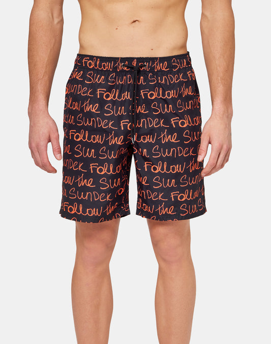 LONG SWIM SHORTS WITH AN ELASTICATED WAISTBAND FOLLOW THE SUN PRINT
