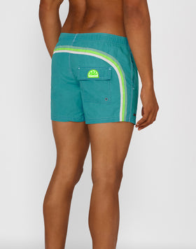 STONE WASH SHORT SWIM SHORTS WITH AN ELASTICATED WAISTBAND
