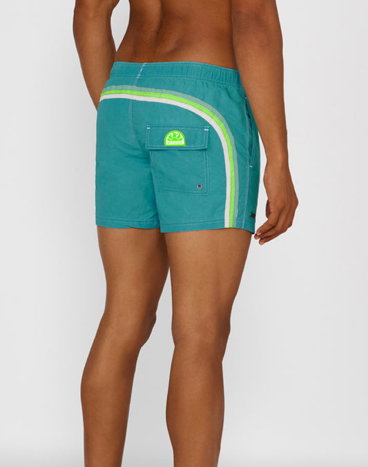 STONE WASH SHORT SWIM SHORTS WITH AN ELASTICATED WAISTBAND