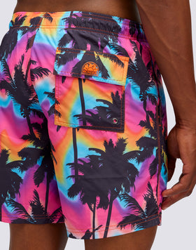 SHORT DE BAIN MOYEN TAILLE ÉLASTIQUE IMPRIMÉ PALMIER EN POLY RECYCLÉ