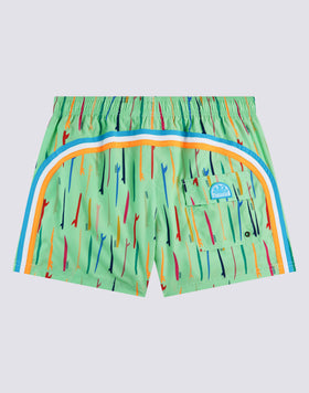 MICROPRINT POP SURF REPREVE® ELASTICATED WAIST SHORT SWIMSUIT