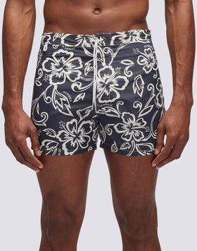 SHORT FIXED WAIST SWIMSHORTS ICONIC TAFFETA WITH VINTAGE PRINT HIBISCUS SK23