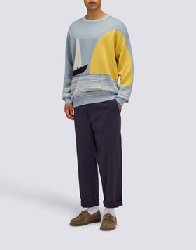 MEN'S CREW-NECK JACQUARD SWEATER WITH BOAT IN THE MIDDLE OF THE SEA DESIGN