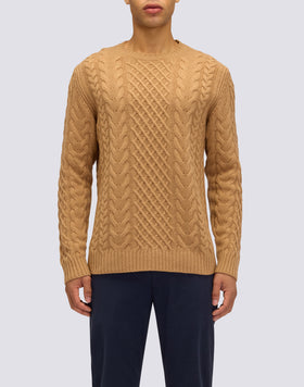 MEN'S CREW NECK SWEATER WITH CABLES IN MERINO WOOL AND CASHMERE