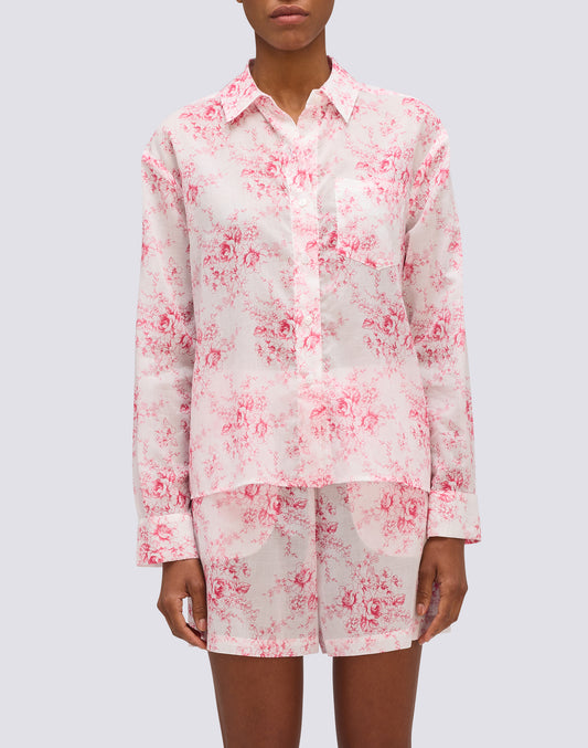 LONG-SLEEVED WOMEN'S SHIRT IN COTTON VOILE WITH ROSE DE JOIE PRINT
