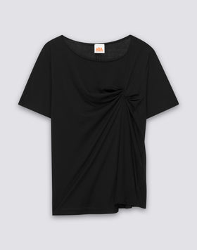 T-SHIRT FEMME À COL LARGE ET NOEUD SUR LE DEVANT