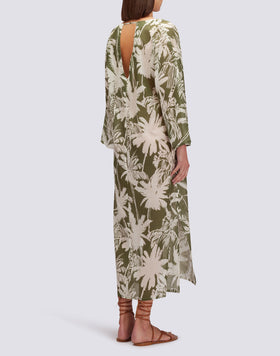 VESTIDO LARGO DE GASA DE ALGODÓN CON ESTAMPADO DE SABANA TROPICAL