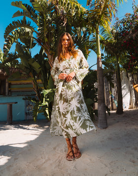 VESTIDO LARGO DE GASA DE ALGODÓN CON ESTAMPADO DE SABANA TROPICAL