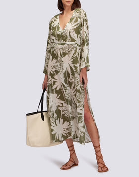 VESTIDO LARGO DE GASA DE ALGODÓN CON ESTAMPADO DE SABANA TROPICAL