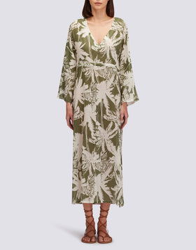 VESTIDO LARGO DE GASA DE ALGODÓN CON ESTAMPADO DE SABANA TROPICAL