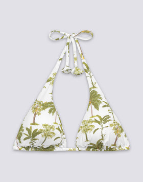 HAUT DE BIKINI TRIANGLE AMÉRICAIN AVEC POMPONS ET MOTIF BOTANIQUE