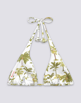 HAUT DE BIKINI TRIANGLE AMÉRICAIN AVEC POMPONS ET MOTIF BOTANIQUE